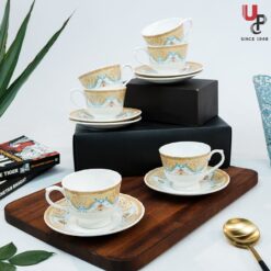 UPC Pack of 6 Bone China Cup & Saucer Set of 6 - Carpet Series (White)
