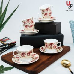UPC Pack of 6 Bone China Cup & Saucer Set of 6 - Carpet Series (White)