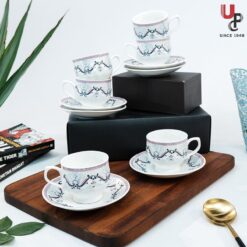 UPC Pack of 6 Bone China Cup & Saucer Set of 6 - Carpet Series (White)