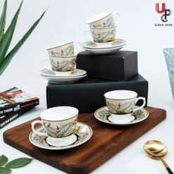 UPC Pack of 6 Bone China Cup & Saucer Set of 6 - Carpet Series (White)