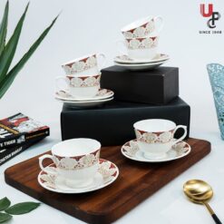 UPC Pack of 6 Bone China Cup & Saucer Set of 6 - Carpet Series (White)