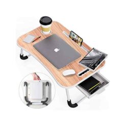 U.P.C. Utilite Smart Home Multi-Purpose Foldable Molded Wood Pattern Laptop Bed Table with Storage Drawer, Cup Holder Slot, Notebook Holder (60 X 40 X 27 cm)