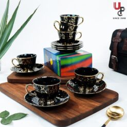 UPC Pack of 6 Bone China Cup & Saucer Set of 6 - Carpet Series  (Black)