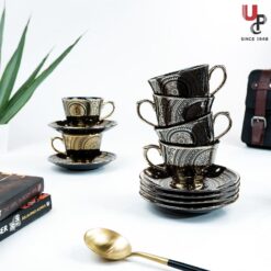 UPC Pack of 6 Bone China Cup & Saucer Set of 6 - Carpet Series  (Black)