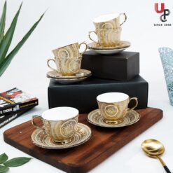 UPC Pack of 6 Bone China Cup & Saucer Set of 6 - Carpet Series  (Golden)