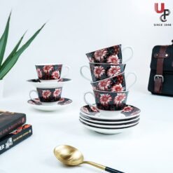 UPC Pack of 6 Bone China Cup & Saucer Set of 6 - Carpet Series (White)