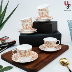 UPC Pack of 6 Bone China Cup & Saucer Set of 6 - Carpet Series (White)