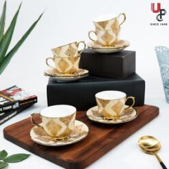 UPC Pack of 6 Bone China Cup & Saucer Set of 6 - Carpet Series  (Golden)
