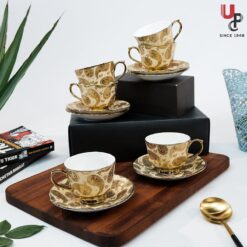 UPC Pack of 6 Bone China Cup & Saucer Set of 6 - Carpet Series  (Golden)