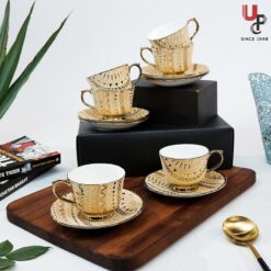 UPC Pack of 6 Bone China Cup & Saucer Set of 6 - Carpet Series  (Golden)