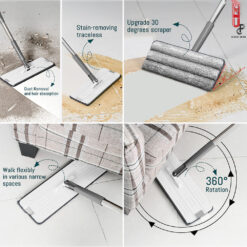 Hands-Free Squeeze Microfiber Flat Spin Mop System 360 Flexible Head with Super-Absorbent Microfiber Pads Extended Stainless Steel Handle -Black White