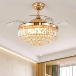 SND Home Decor Luxury Crystal Ceiling Fan with Light Remote Control Retractable Blades Lighting Fixtures 3 Speeds 3 Color Changes Luxury Chandelier , Silent Motor With LED Bulbs Included (Gold | 48inch)