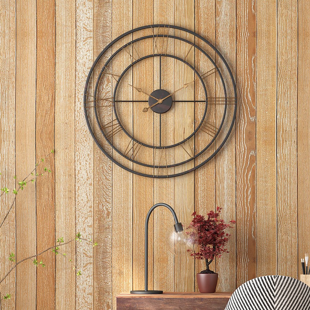 SND Designer Metal Triple Ring Retro Wall Clock for Living Room Bedroom Office Bar Decor - Black - Gold, 50cm