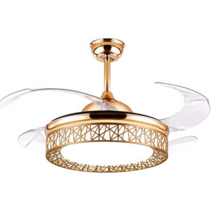 SND Home Decor Golden Angel Ceiling Fans 4 Retractable Blades LED Ceiling Fan Three Color Change Crystal Chandelier with Remote Control (Gold | Size - 48inch)