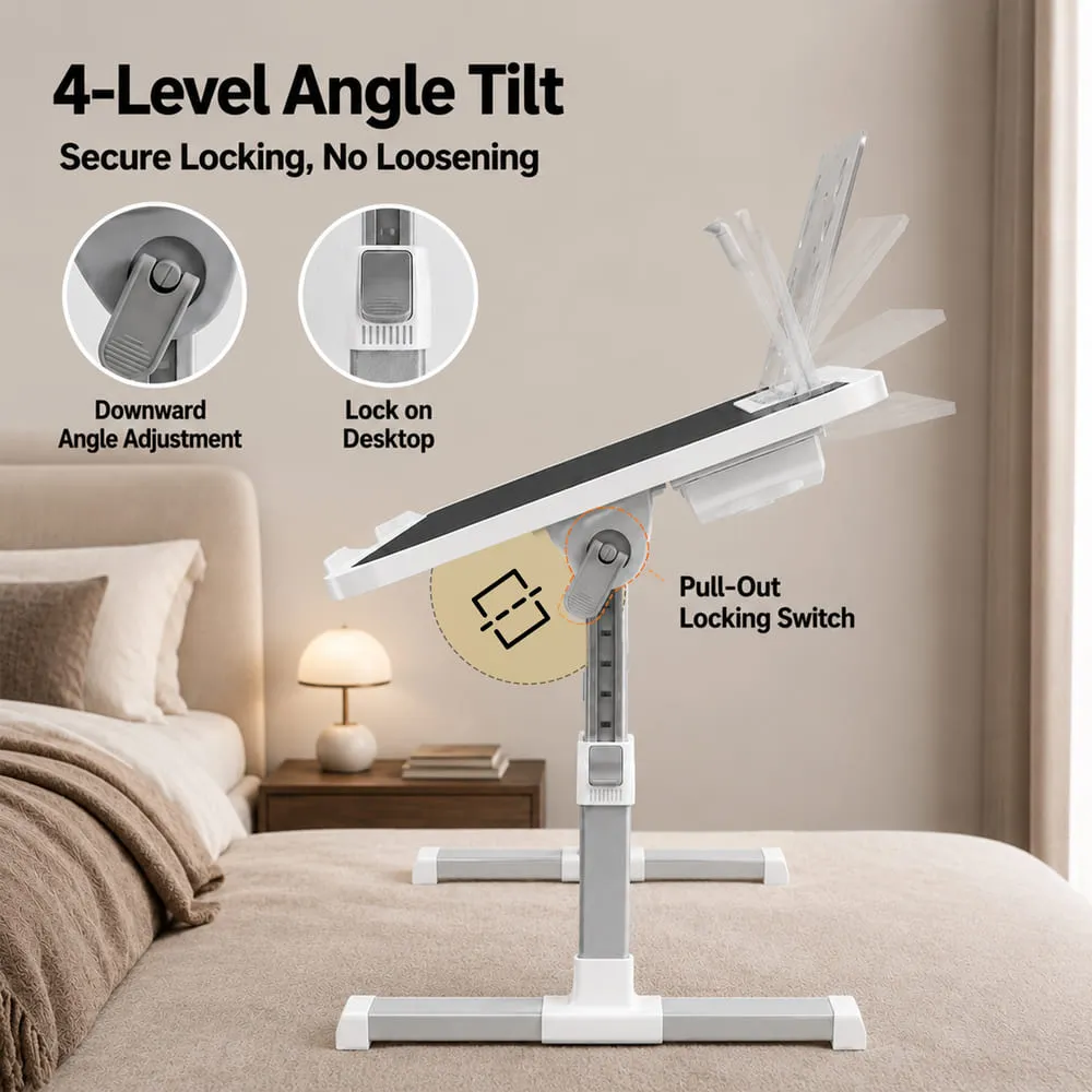 StarAndDaisy Adjustable Bed Table for Laptop with Book Holder, USB LED Light & Mini Fan, Foldable Study Table for Bed/Sofa, Side Drawer & Cup/Tablet Slot – Black & White - Image 3