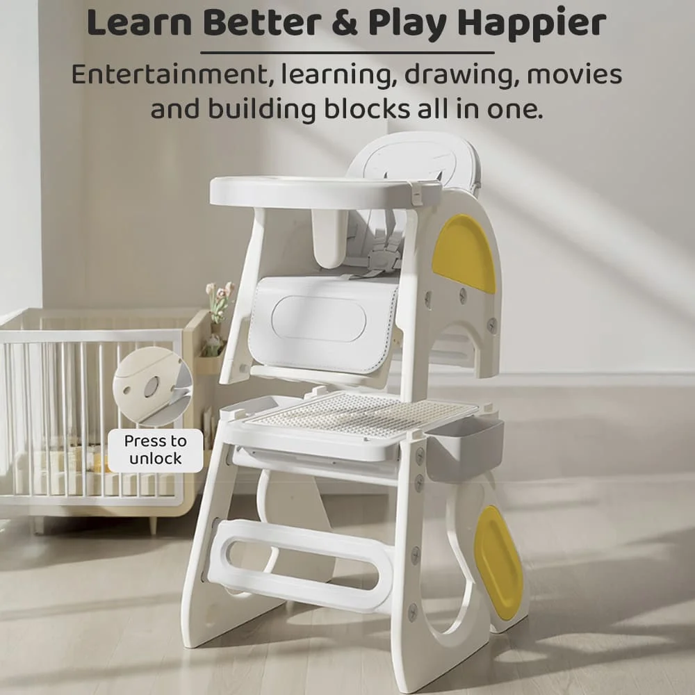 StarAndDaisy 6-in-1 Multifunctional Baby Dining Chair, High Chair, Study Table, Adjustable Tray, Safety Harness, BPA-Free Material - Yellow - Image 6