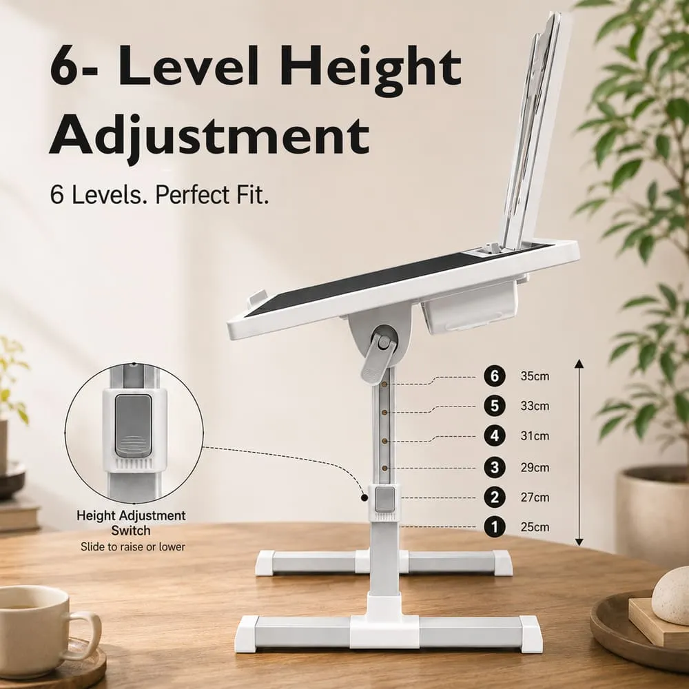 StarAndDaisy Adjustable Bed Table for Laptop with Book Holder, USB LED Light & Mini Fan, Foldable Study Table for Bed/Sofa, Side Drawer & Cup/Tablet Slot – Black & White - Image 5