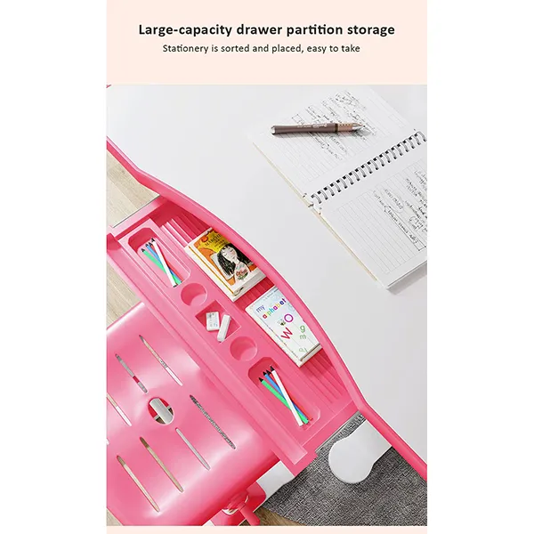 Adjustable Height, Multi-Functional Kids Study Table with Book Holder, Drawer, Extra Large tiltable Desktop with an Option of LED Light (AU80 Pink with LED Lamp) - Image 7