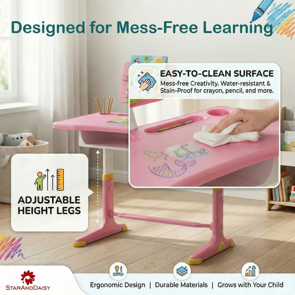 StarAndDaisy Kids Study Table with Chair Set For Children with Height Adjustable & Book Holder For 2 to 12 years - S01 Pink - Image 2