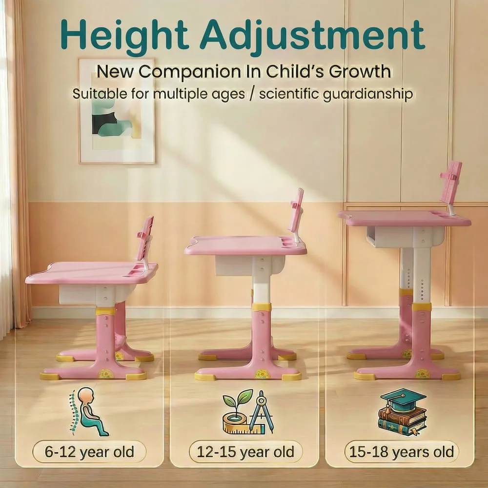StarAndDaisy Kids Study Table with Chair Set For Children with Height Adjustable & Book Holder For 2 to 12 years - S01 Pink - Image 3