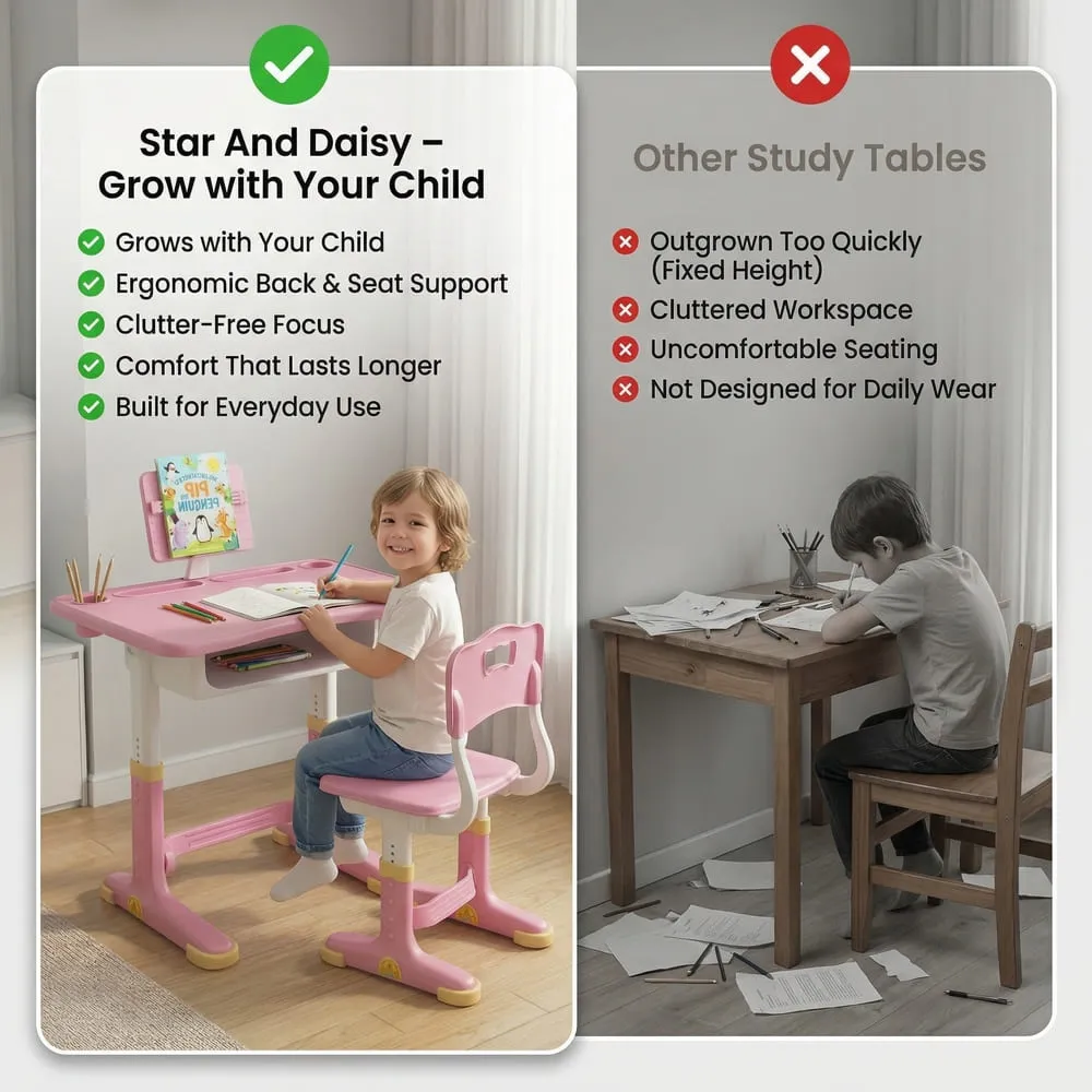 StarAndDaisy Kids Study Table with Chair Set For Children with Height Adjustable & Book Holder For 2 to 12 years - S01 Pink - Image 4