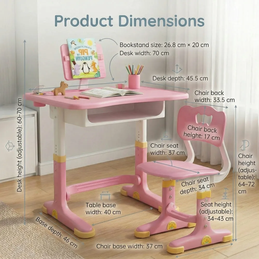 StarAndDaisy Kids Study Table with Chair Set For Children with Height Adjustable & Book Holder For 2 to 12 years - S01 Pink - Image 8