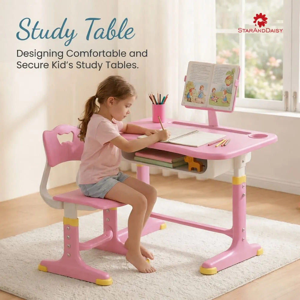 StarAndDaisy Kids Study Table with Chair Set For Children with Height Adjustable & Book Holder For 2 to 12 years - S01 Pink - Image 5