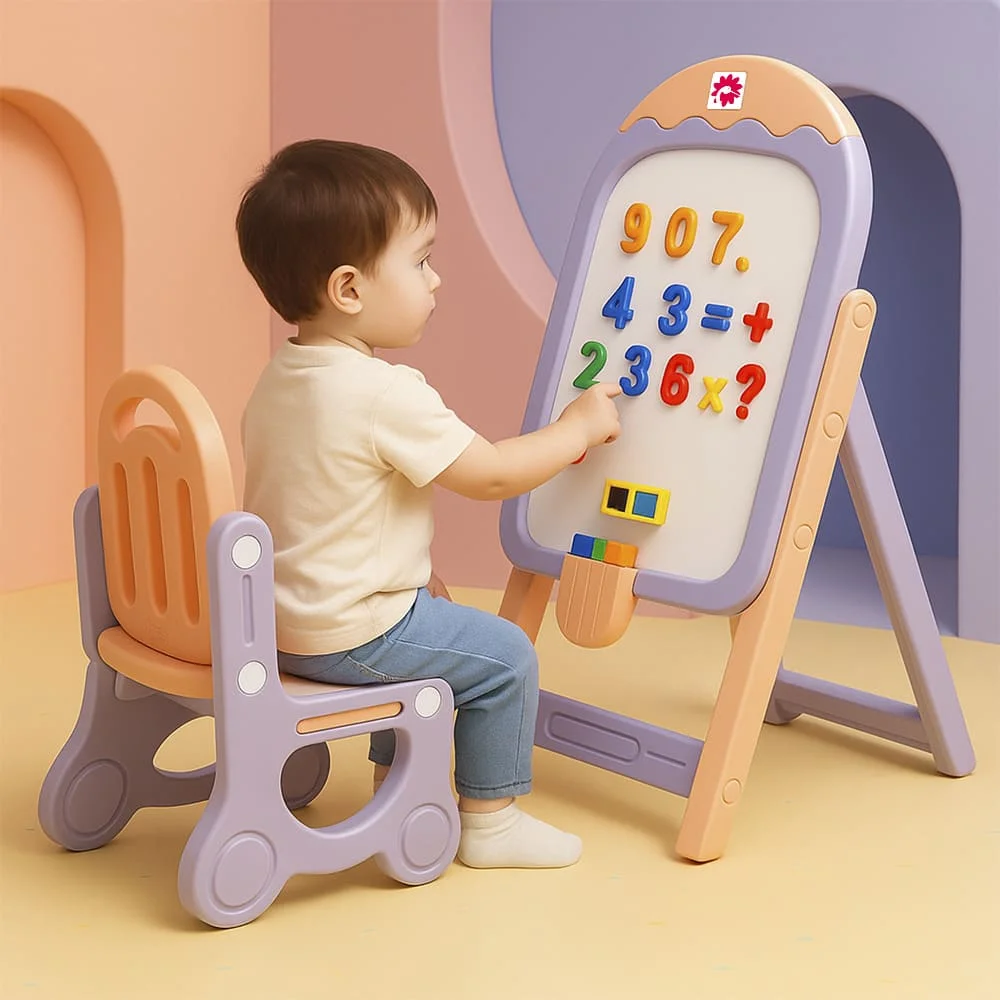 StarAndDaisy Ice-Cream Easel Set, Kids Magnetic Whiteboard Easel with Chair, Height Adjustable Drawing Board with Markers, Duster & Magnetic Numbers