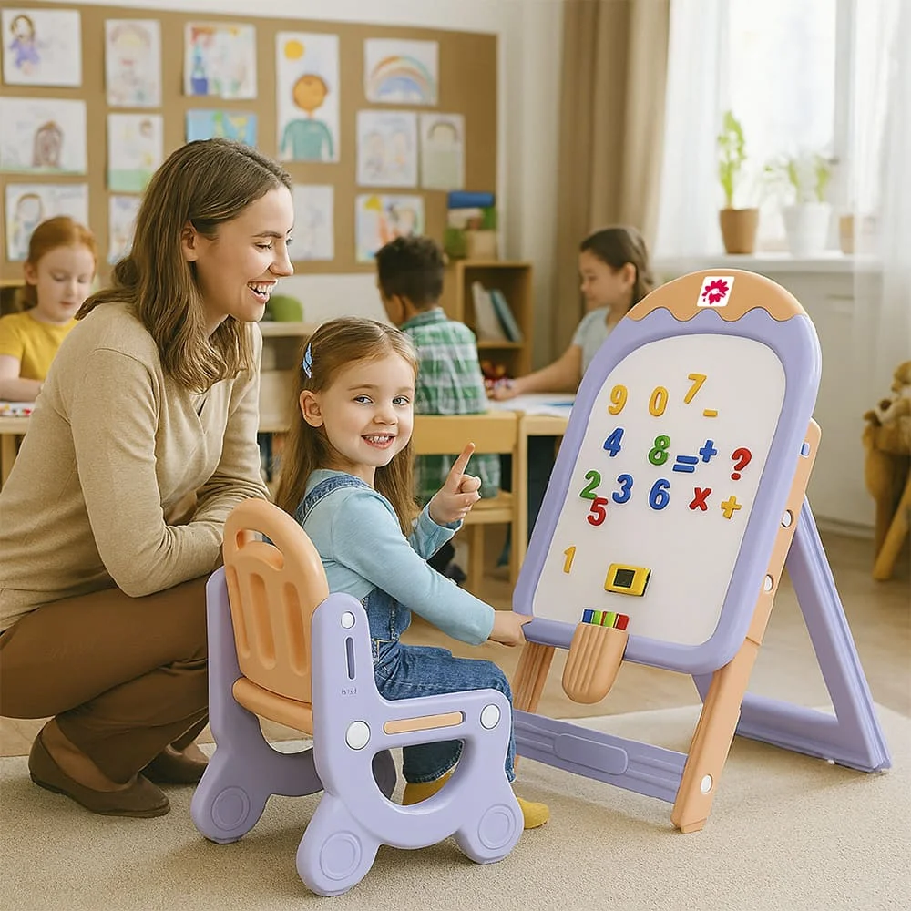 StarAndDaisy Ice-Cream Easel Set, Kids Magnetic Whiteboard Easel with Chair, Height Adjustable Drawing Board with Markers, Duster & Magnetic Numbers - Image 3