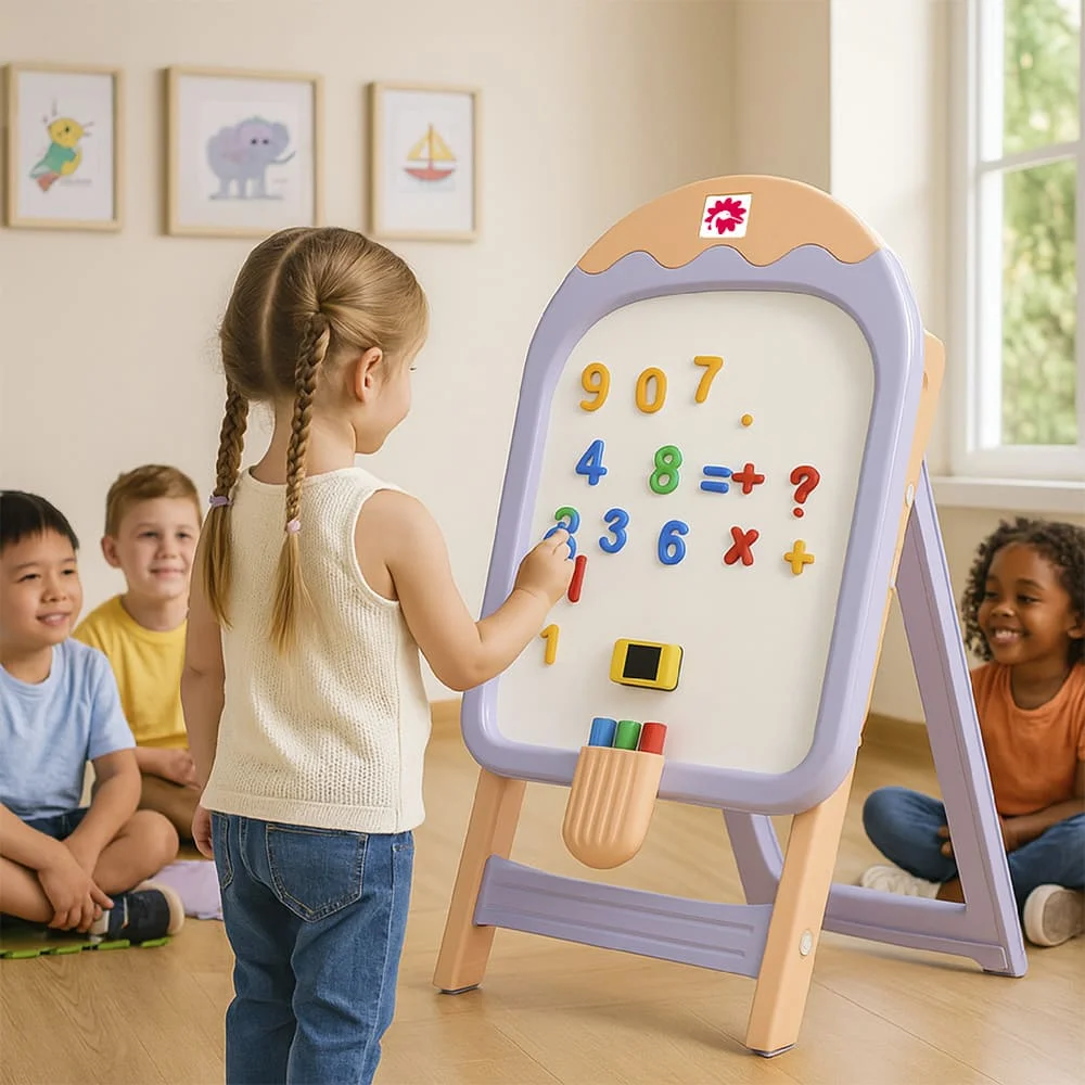 StarAndDaisy Ice-Cream Easel Set, Kids Magnetic Whiteboard Easel with Chair, Height Adjustable Drawing Board with Markers, Duster & Magnetic Numbers - Image 11