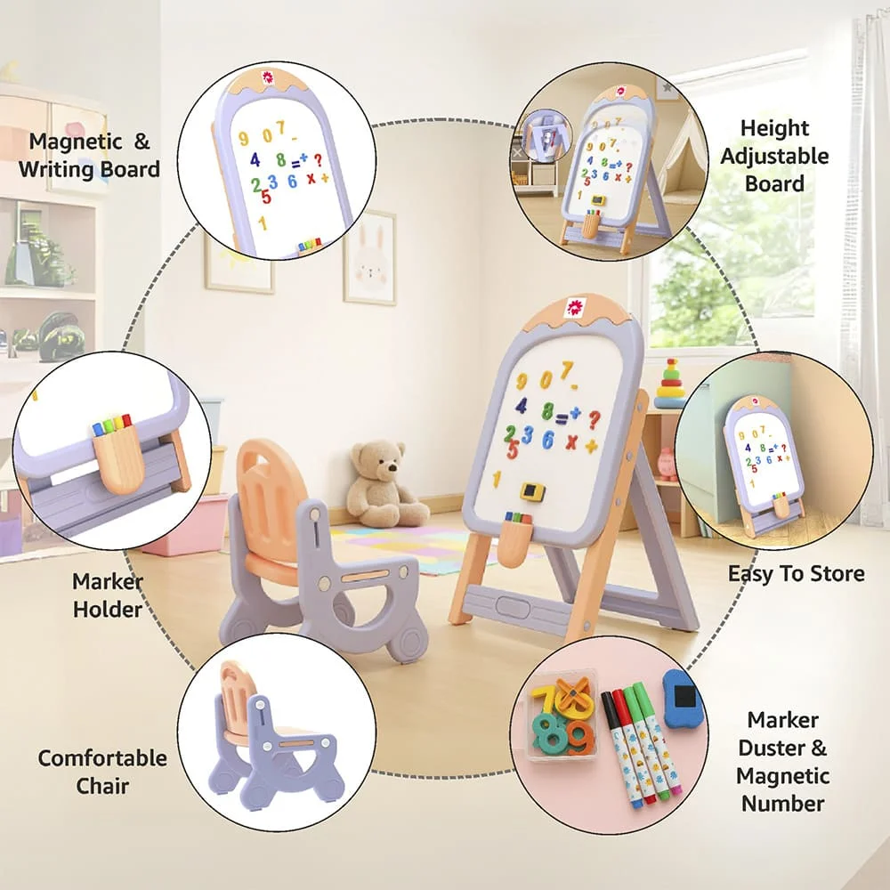 StarAndDaisy Ice-Cream Easel Set, Kids Magnetic Whiteboard Easel with Chair, Height Adjustable Drawing Board with Markers, Duster & Magnetic Numbers - Image 9