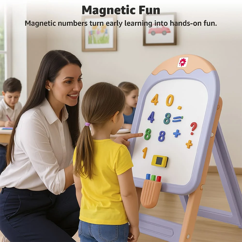 StarAndDaisy Ice-Cream Easel Set, Kids Magnetic Whiteboard Easel with Chair, Height Adjustable Drawing Board with Markers, Duster & Magnetic Numbers - Image 6