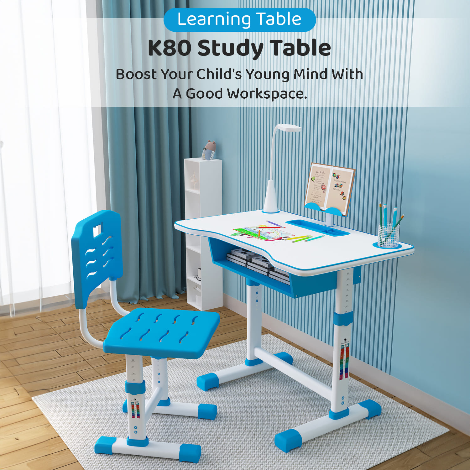 A80 Adjustable Height, Multi-Functional Kids Study Table with Book Holder, Drawer, Extra Large tiltable Desktop with an Option of LED Light (Blue) - Image 2