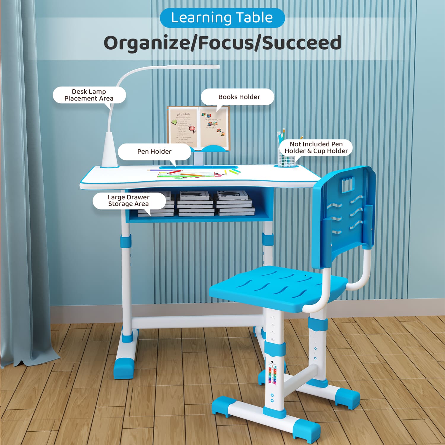 A80 Adjustable Height, Multi-Functional Kids Study Table with Book Holder, Drawer, Extra Large tiltable Desktop with an Option of LED Light (Blue) - Image 3