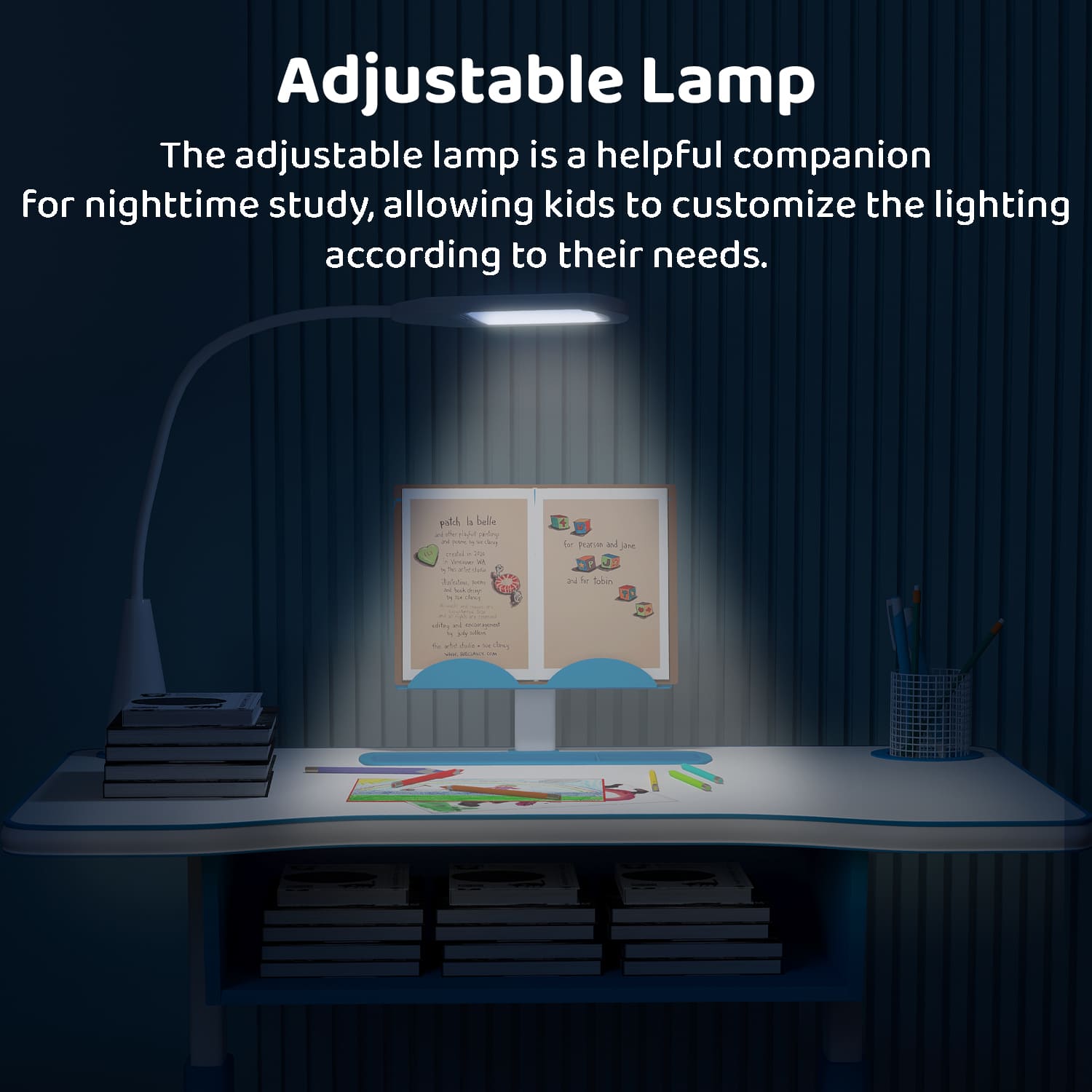 A80 Adjustable Height, Multi-Functional Kids Study Table with Book Holder, Drawer, Extra Large tiltable Desktop with an Option of LED Light (Blue) - Image 4