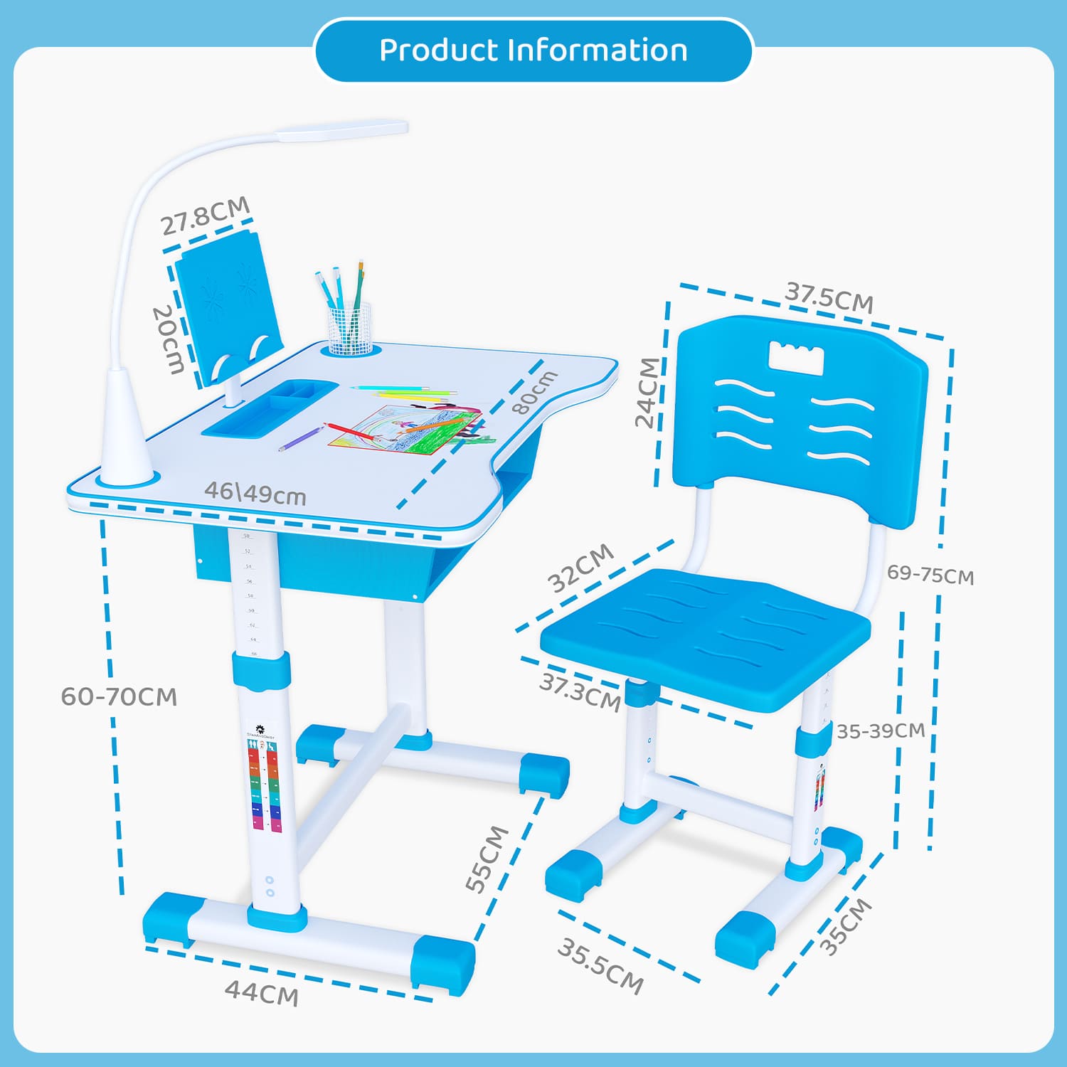 A80 Adjustable Height, Multi-Functional Kids Study Table with Book Holder, Drawer, Extra Large tiltable Desktop with an Option of LED Light (Blue) - Image 8