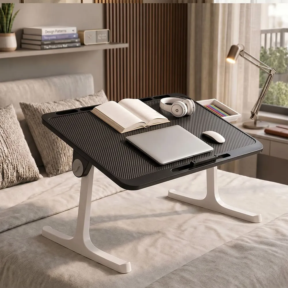 StarAndDaisy T9 Laptop Bed Table with Foldable Legs, Storage Drawer, Book Holder & 4-Level Angle Adjustment, Multipurpose Sofa and Bed Table – Black