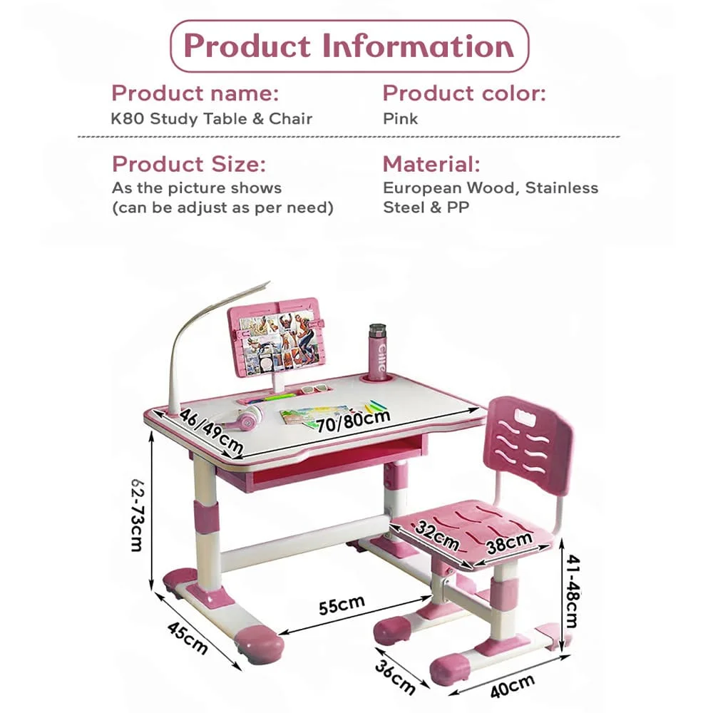StarAndDaisy Kids Study Table Desk and Chair with Adjustable Height with Book Holder, Storage and LED Light (K80-Pink) - Image 9