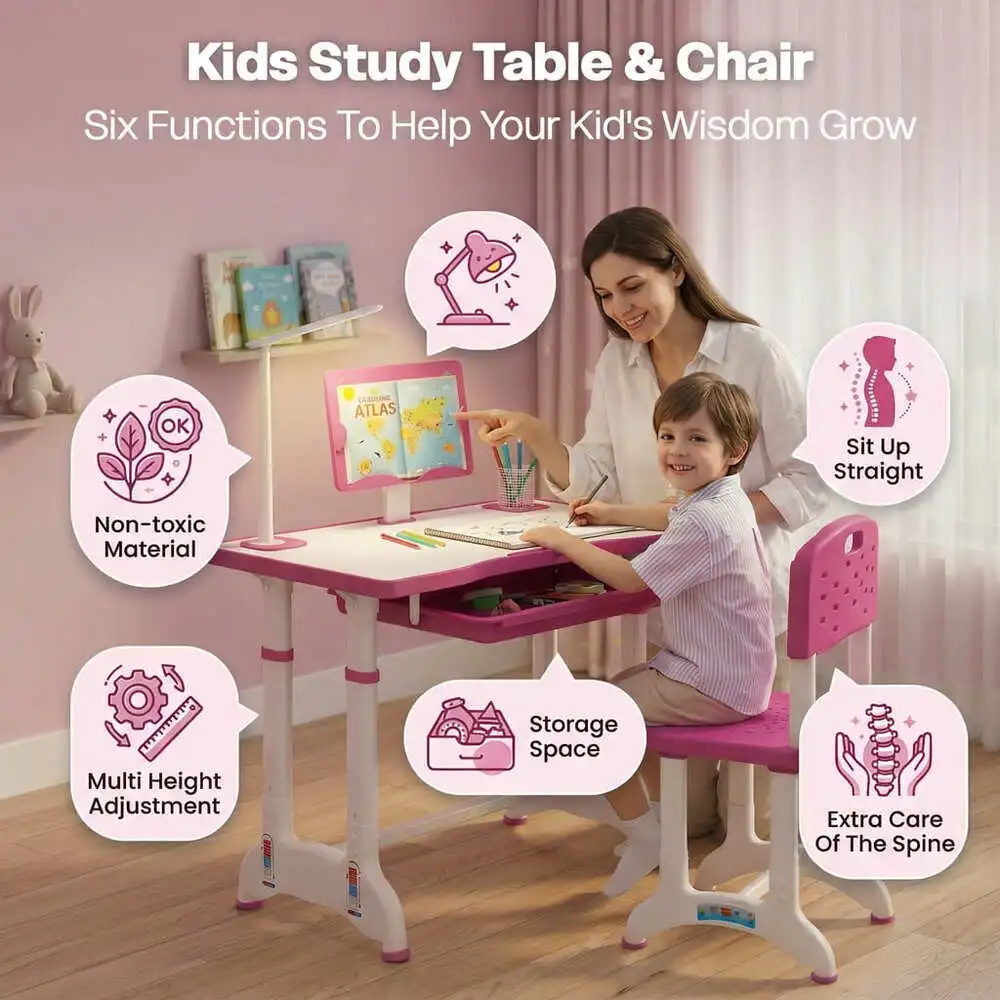 StarAndDaisy Multifunctional Study Table for Kids, Height Adjustable, Storage Cabinet, and Book Holder Aged 3-10 years - E60 Pink - Image 3