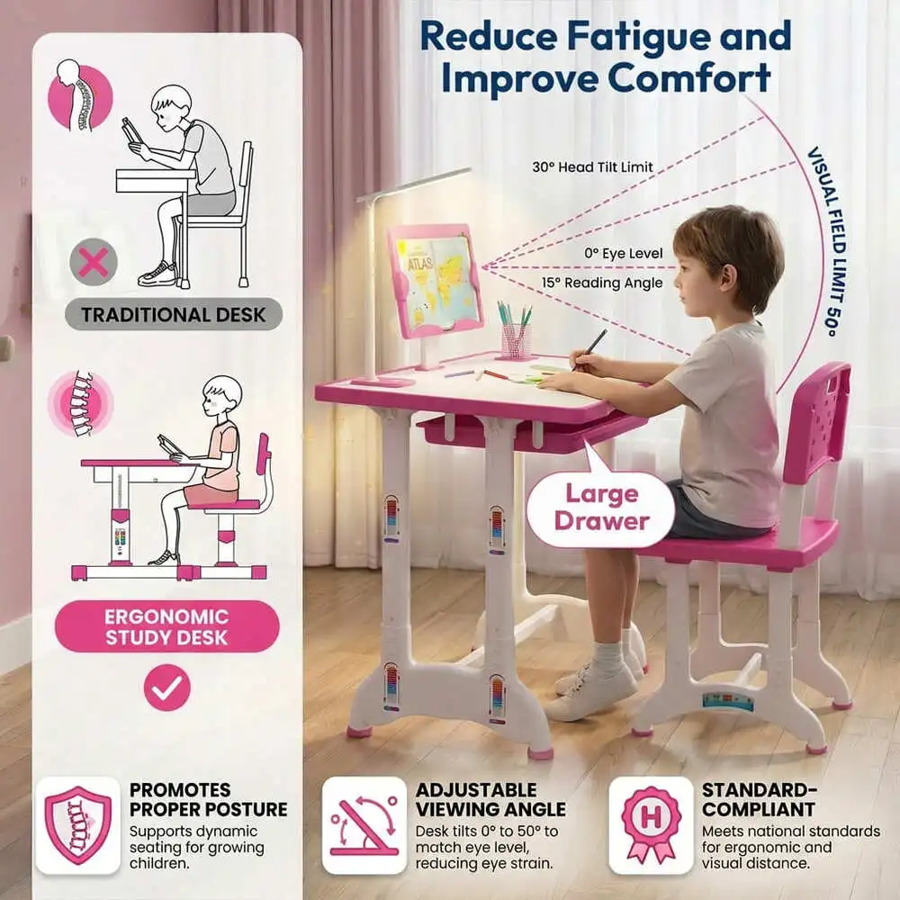 StarAndDaisy Multifunctional Study Table for Kids, Height Adjustable, Storage Cabinet, and Book Holder Aged 3-10 years - E60 Pink - Image 4