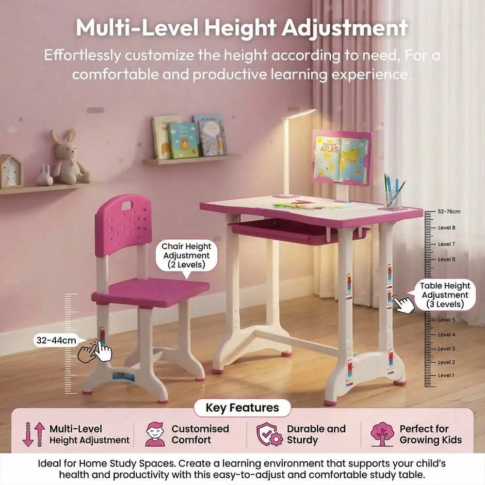StarAndDaisy Multifunctional Study Table for Kids, Height Adjustable, Storage Cabinet, and Book Holder Aged 3-10 years - E60 Pink - Image 6