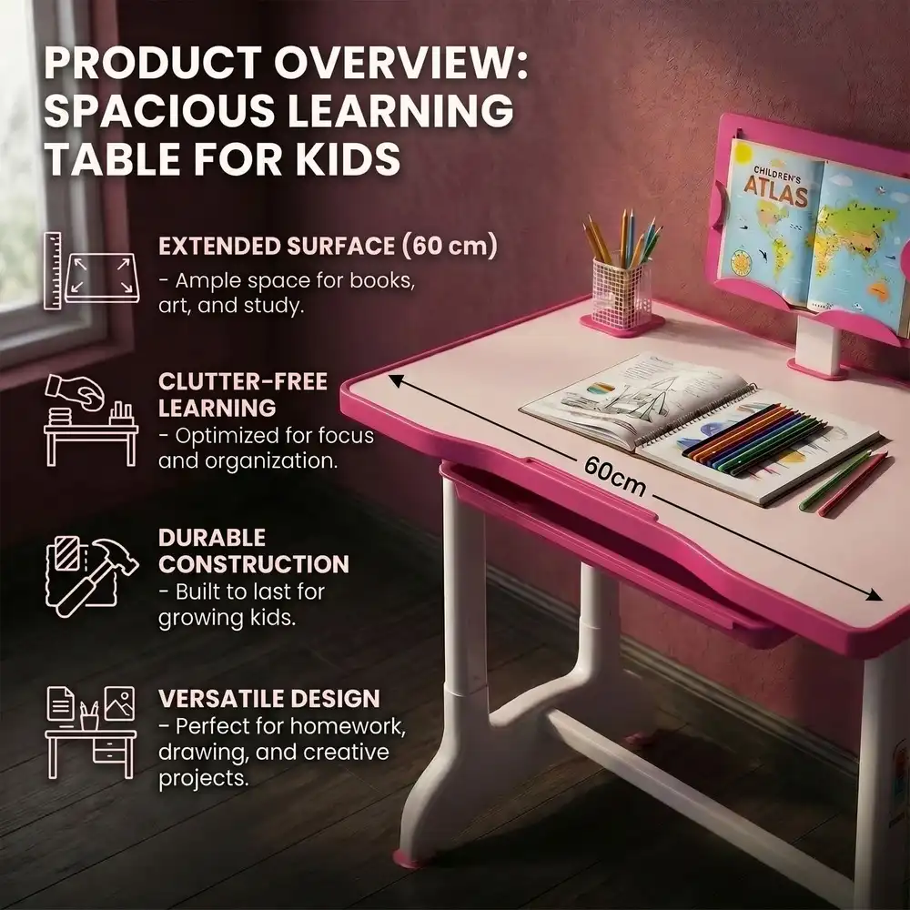 StarAndDaisy Multifunctional Study Table for Kids, Height Adjustable, Storage Cabinet, and Book Holder Aged 3-10 years - E60 Pink - Image 7