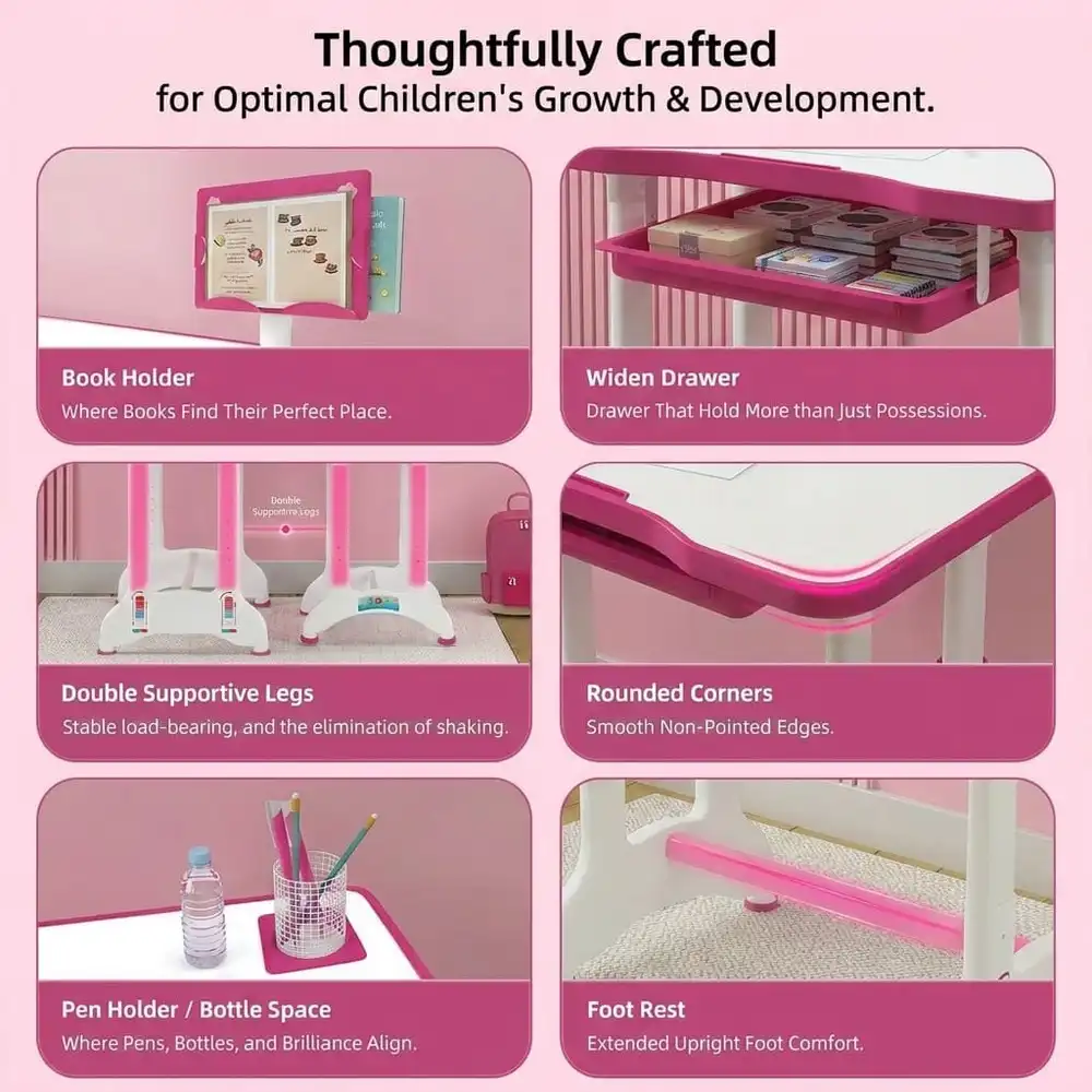 StarAndDaisy Multifunctional Study Table for Kids, Height Adjustable, Storage Cabinet, and Book Holder Aged 3-10 years - E60 Pink - Image 9