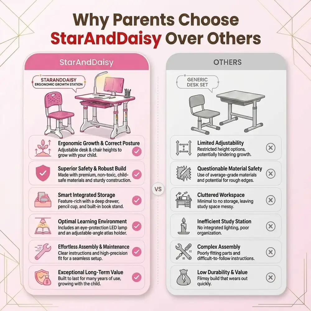 StarAndDaisy Multifunctional Study Table for Kids, Height Adjustable, Storage Cabinet, and Book Holder Aged 3-10 years - E60 Pink - Image 10