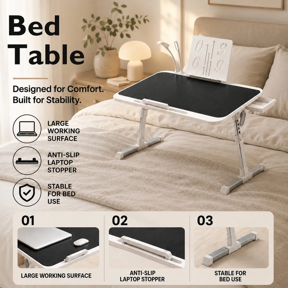 StarAndDaisy Adjustable Bed Table for Laptop with Book Holder, USB LED Light & Mini Fan, Foldable Study Table for Bed/Sofa, Side Drawer & Cup/Tablet Slot – Black & White - Image 6