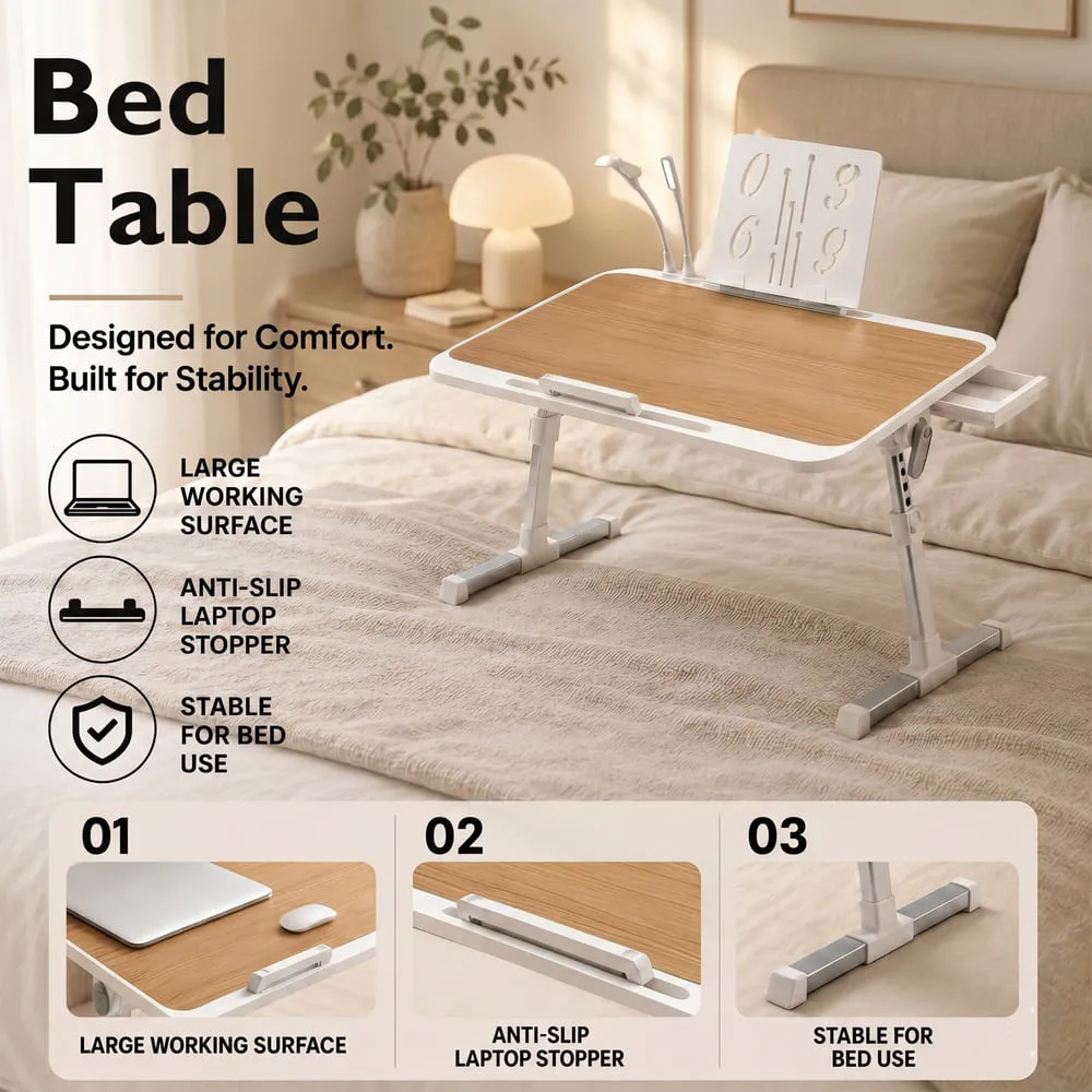 StarAndDaisy Wooden Finish Adjustable Laptop Bed Table with Book Holder, USB LED Light, Mini Fan & Side Drawer | Foldable Study Desk – Brown & White - Image 4