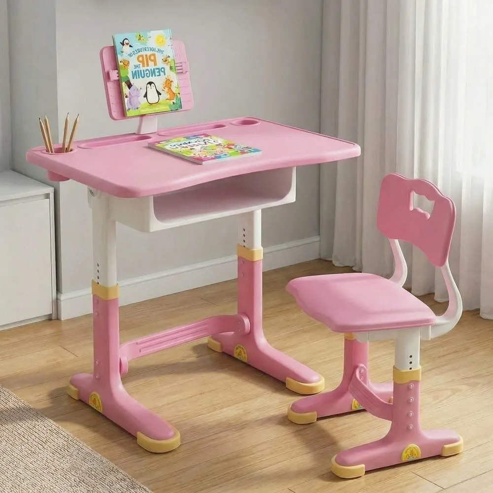 StarAndDaisy Kids Study Table with Chair Set For Children with Height Adjustable & Book Holder For 2 to 12 years - S01 Pink