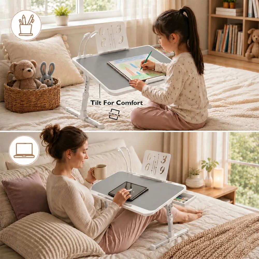 StarAndDaisy Adjustable Laptop Bed Table with USB LED Light, Mini Fan, Book Holder & Storage Drawer, Foldable Lap Desk for Bed, Sofa & Floor - Grey & White - Image 2