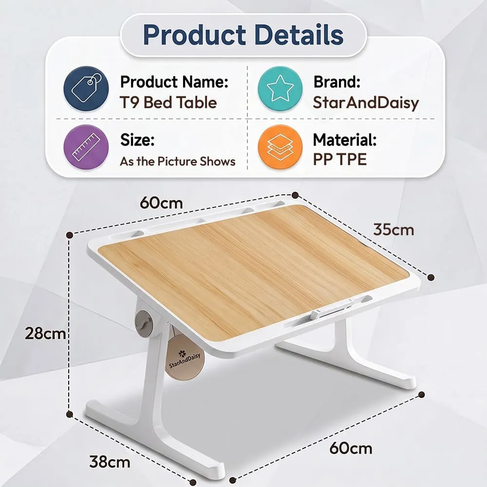 StarAndDaisy T9 Laptop Bed Table with Foldable Legs, Storage Drawer, Book Holder & Adjustable Angles for Bed – Light Brown - Image 11