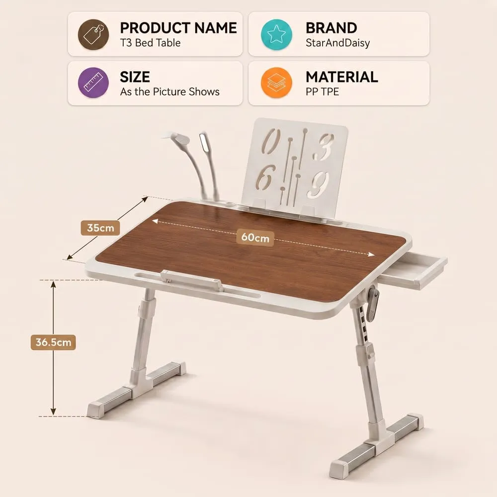 StarAndDaisy Wooden Finish Adjustable Laptop Bed Table with Book Holder, USB LED Light, Mini Fan & Side Drawer | Foldable Study Desk – Dark Brown & White - Image 8